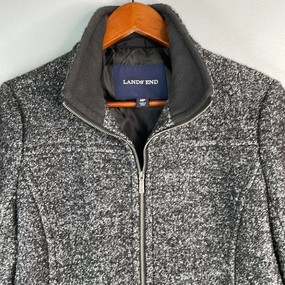 LANDS END Wool Zip Jacket Marled Black Grey High Neck Pockets Size 10P - Picture 6 of 11